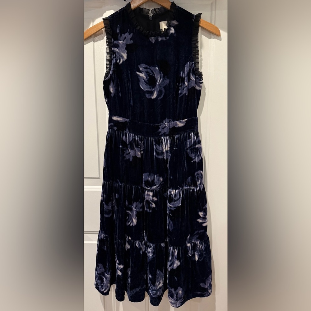 NWT Kate Spade Night Rose Velvet Tiered Dress Sleeveless Ruffle Rich Navy Sz 00
